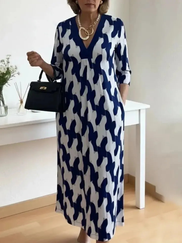 Elegant Art Print Color Block Trim V-neck Midi Dress
